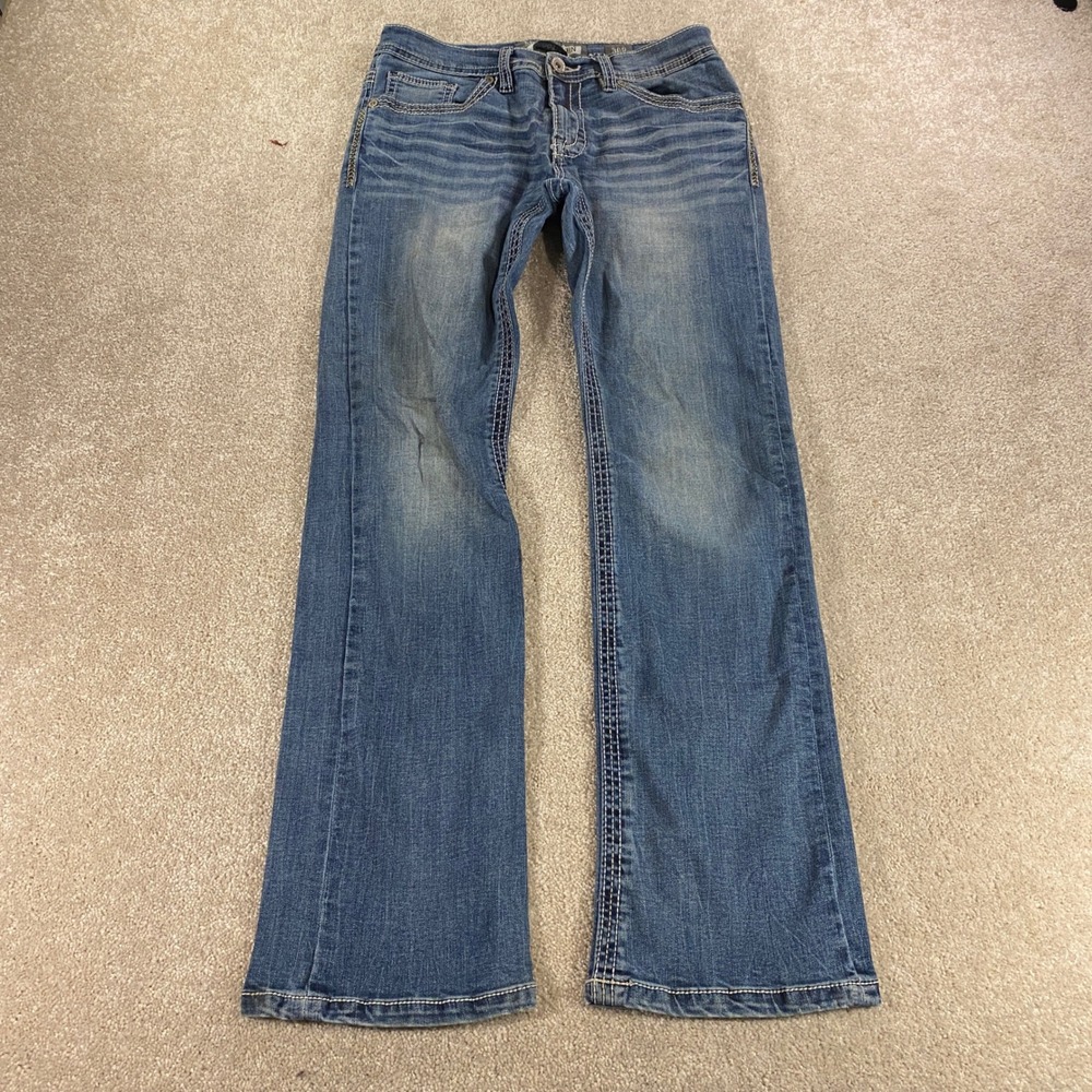 BKE Aiden Bootleg Jeans Mens 30R Blue Contrast Stitch Whiskered Regular Fit